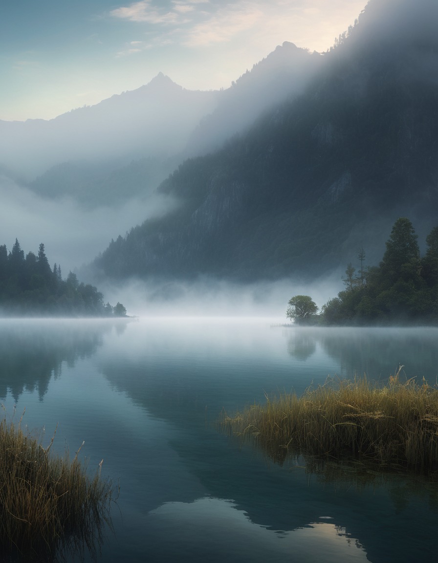 fog, serene, lake, hills, nature