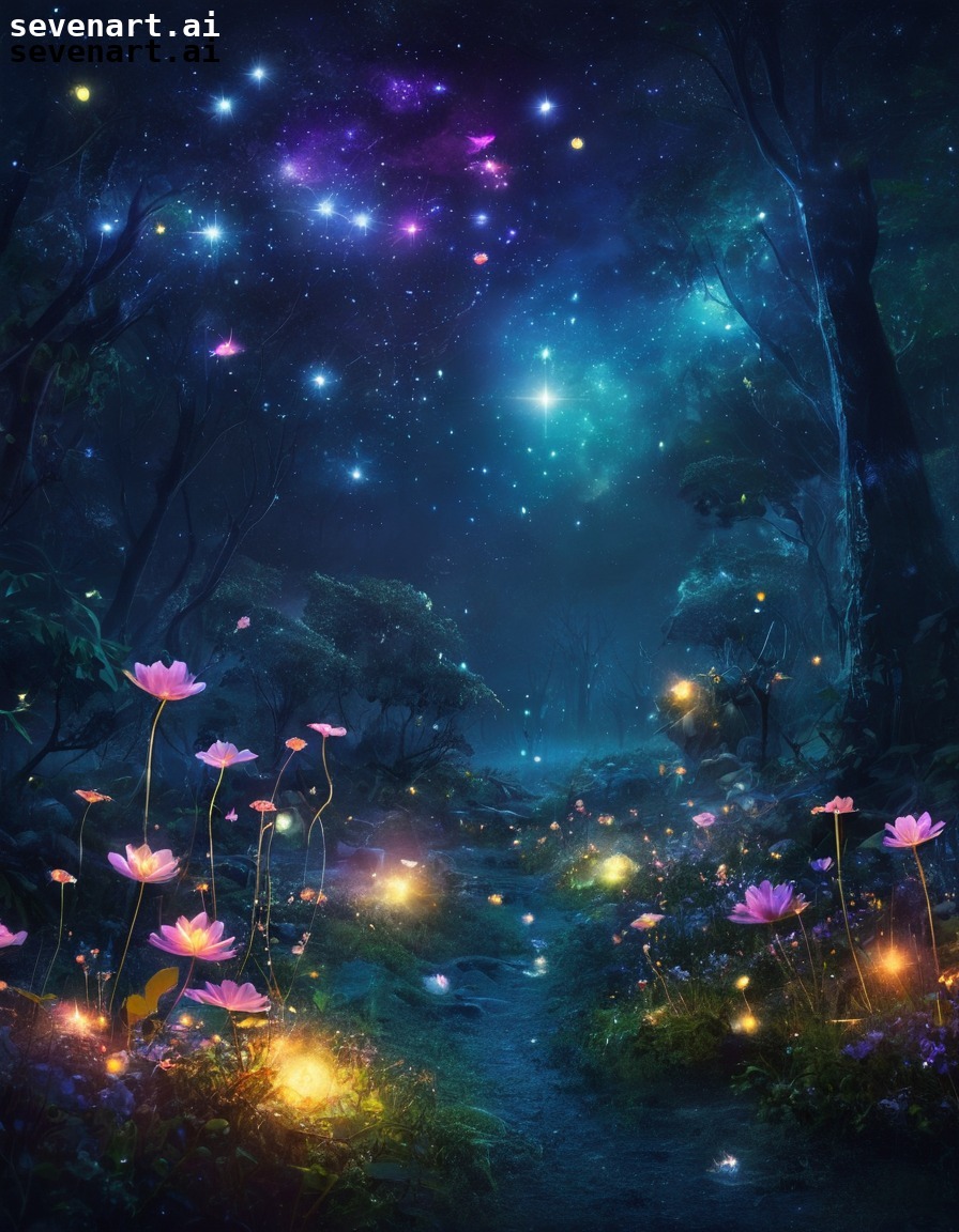 enchanted garden, space, planets, stars, fireflies