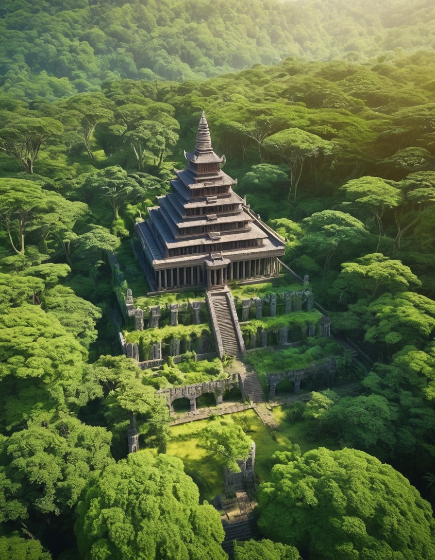 ancient temple, temple complex, lush green forest, ancient architecture