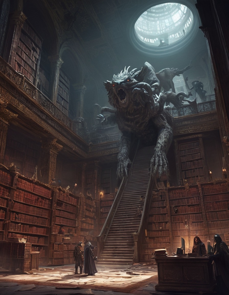 labyrinth, forbidden knowledge, dusty tomes, monstrous guardians, library, lovecraft, howard lovecraft