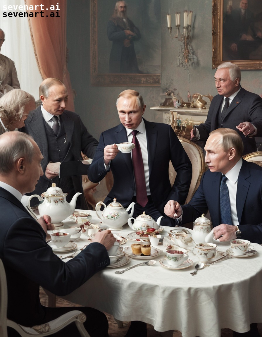 historical figures, tea party, vladimir putin, world leaders, surrealism, putin, russia, russian president