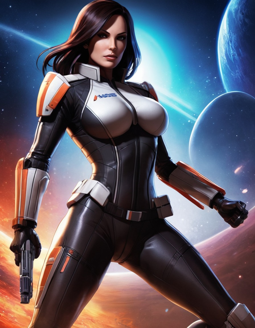 miranda lawson, mass effect, biotic abilities, dynamic pose, sci-fi, anime, games