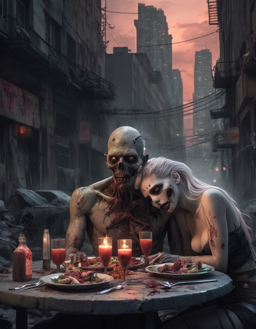 zombie, romance, post-apocalyptic, dinner, cityscape