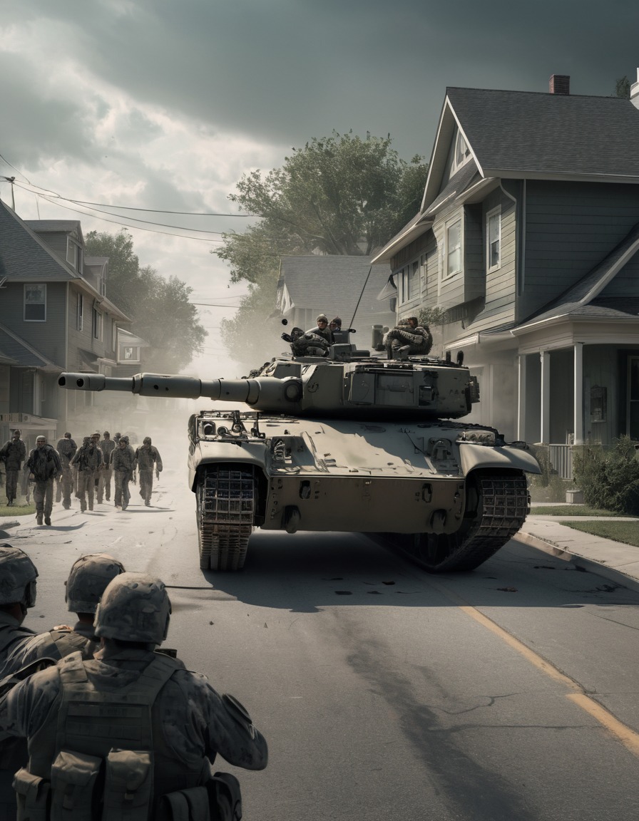 tank, military, suburban neighborhood, civilians, fear, war, usa