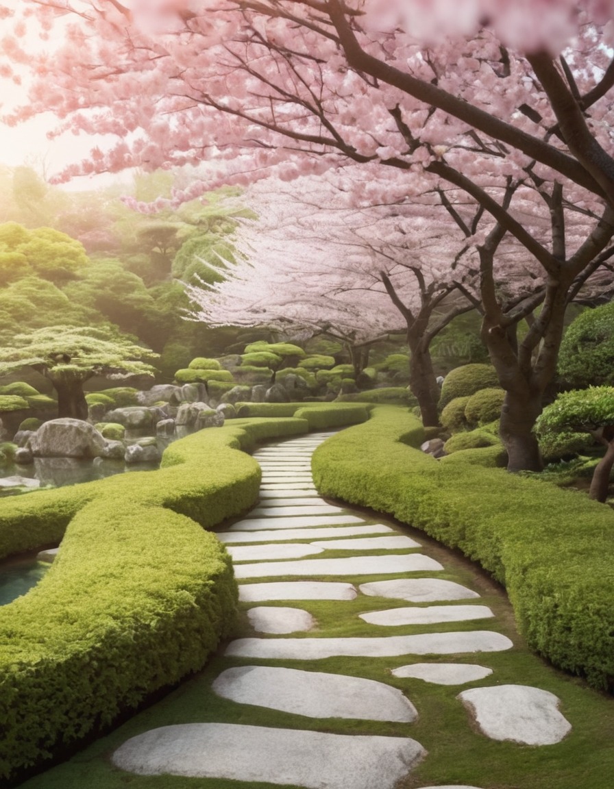 japanese garden, cherry blossom trees, tranquil, beauty, nature