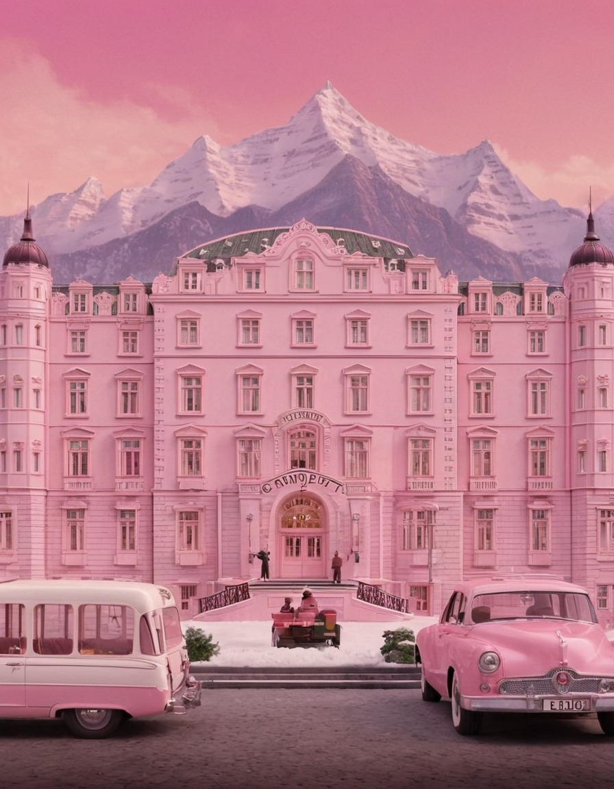 the grand budapest hotel, movie, film, iconic facade, pink, architecture, movies