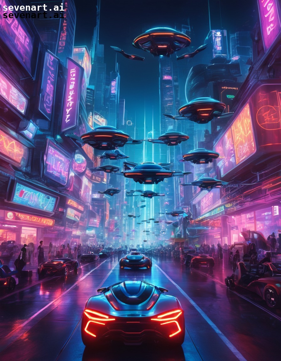 futuristic, cityscape, flying cars, neon lights, bustling, future