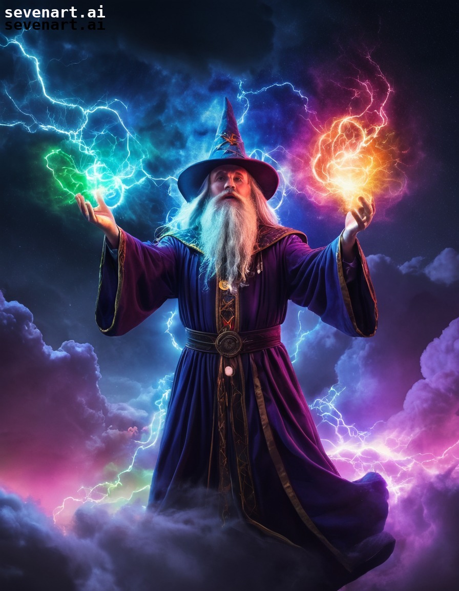 wizard, magic, storm, colors, night sky