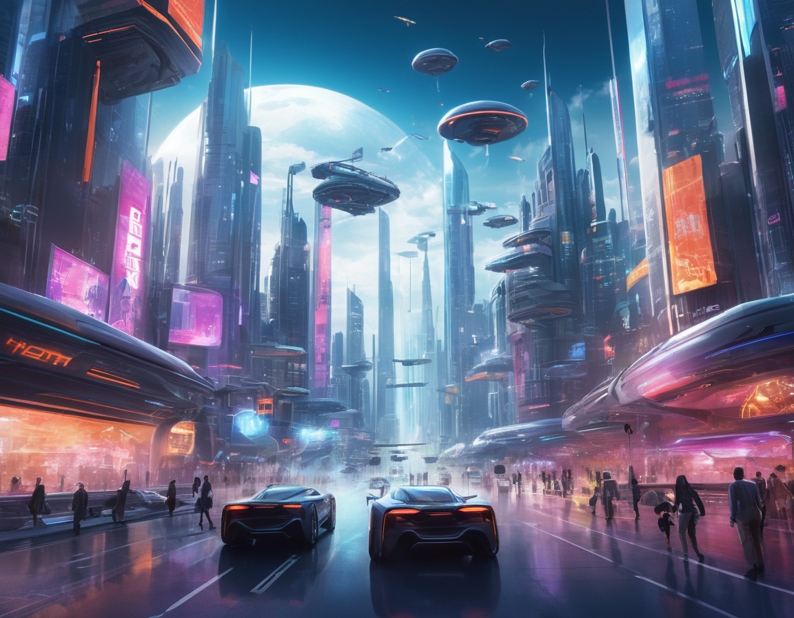 futuristic, cityscape, flying cars, holographic technology, urban landscape, future