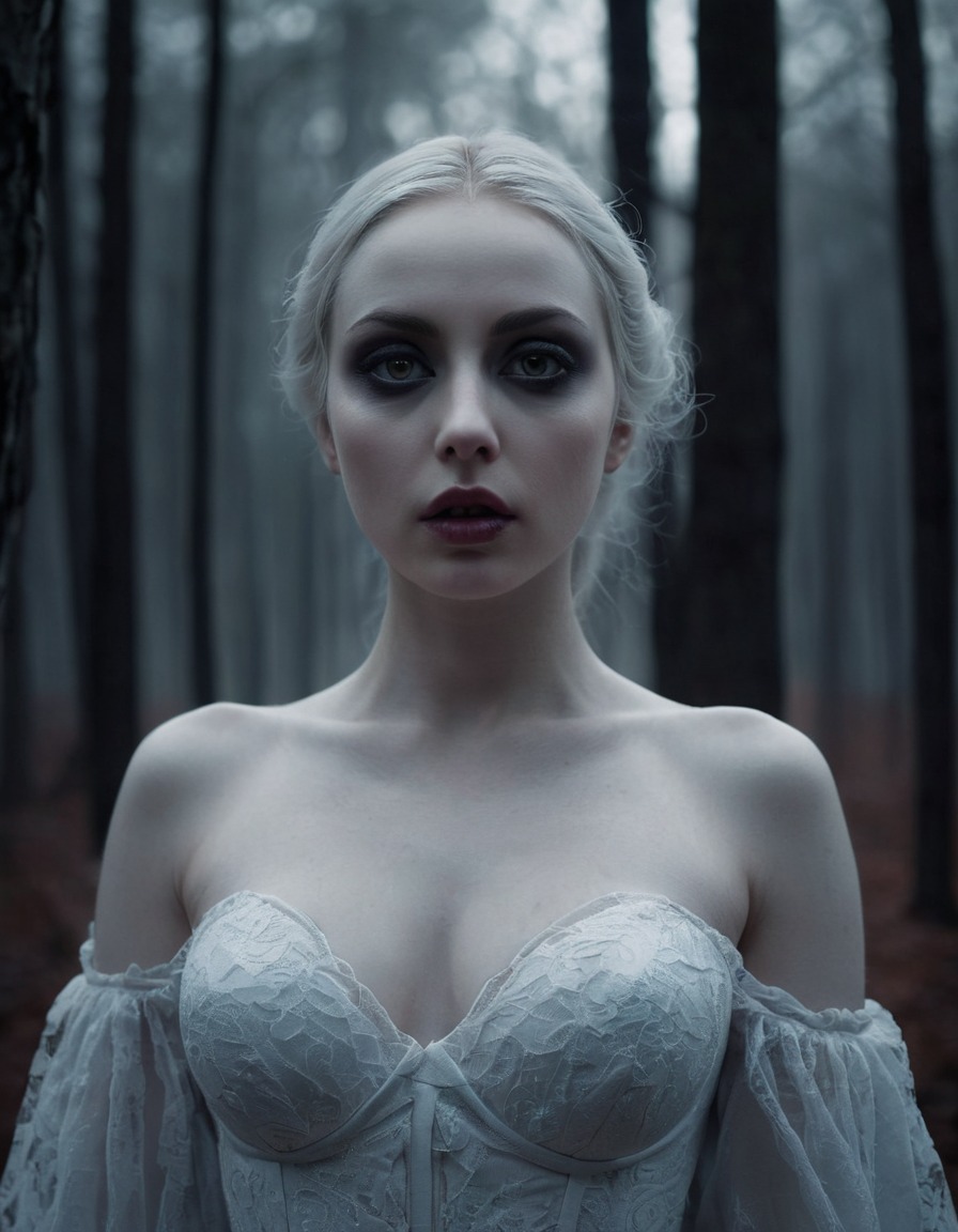 woman, pale skin, dark eyes, moonlit forest, beauty, haunting, ethereal, gothic, underground, dark