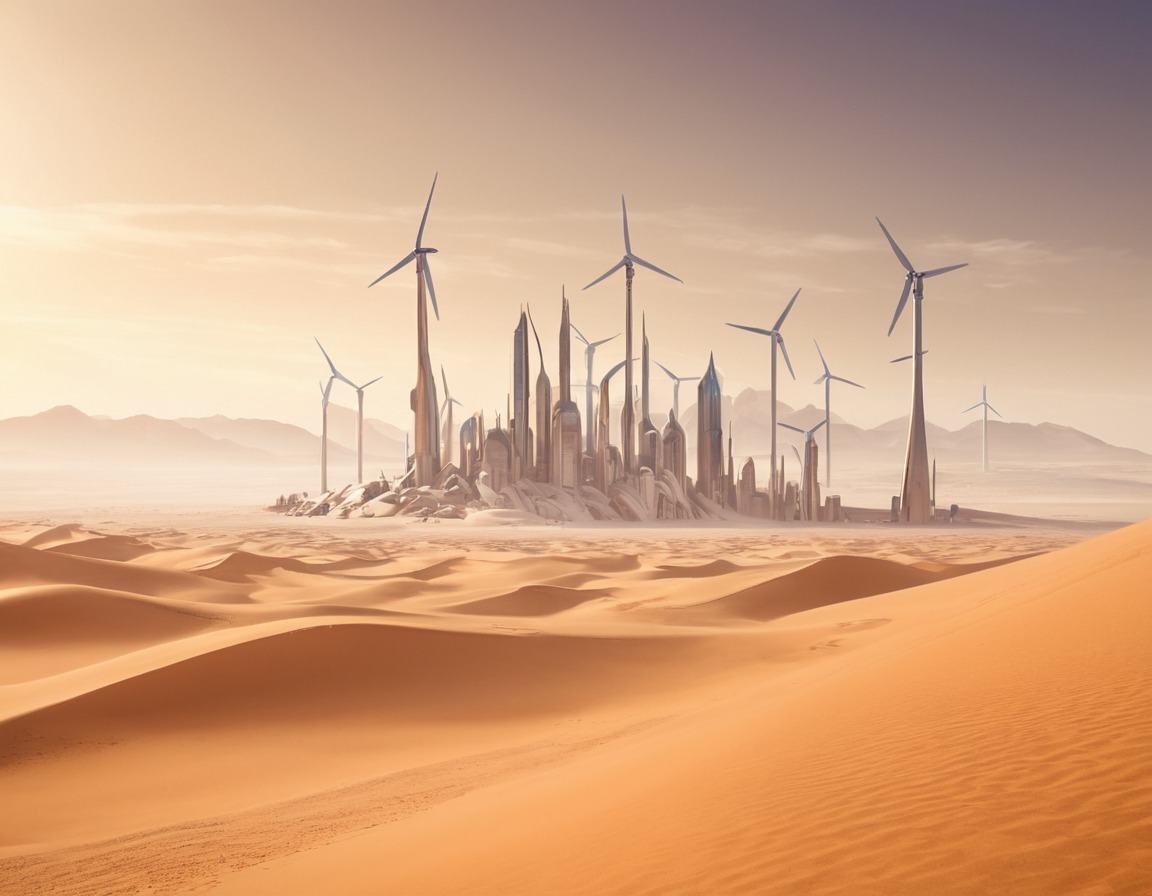 futuristic, cityscape, desert, sand dunes, wind power, dune