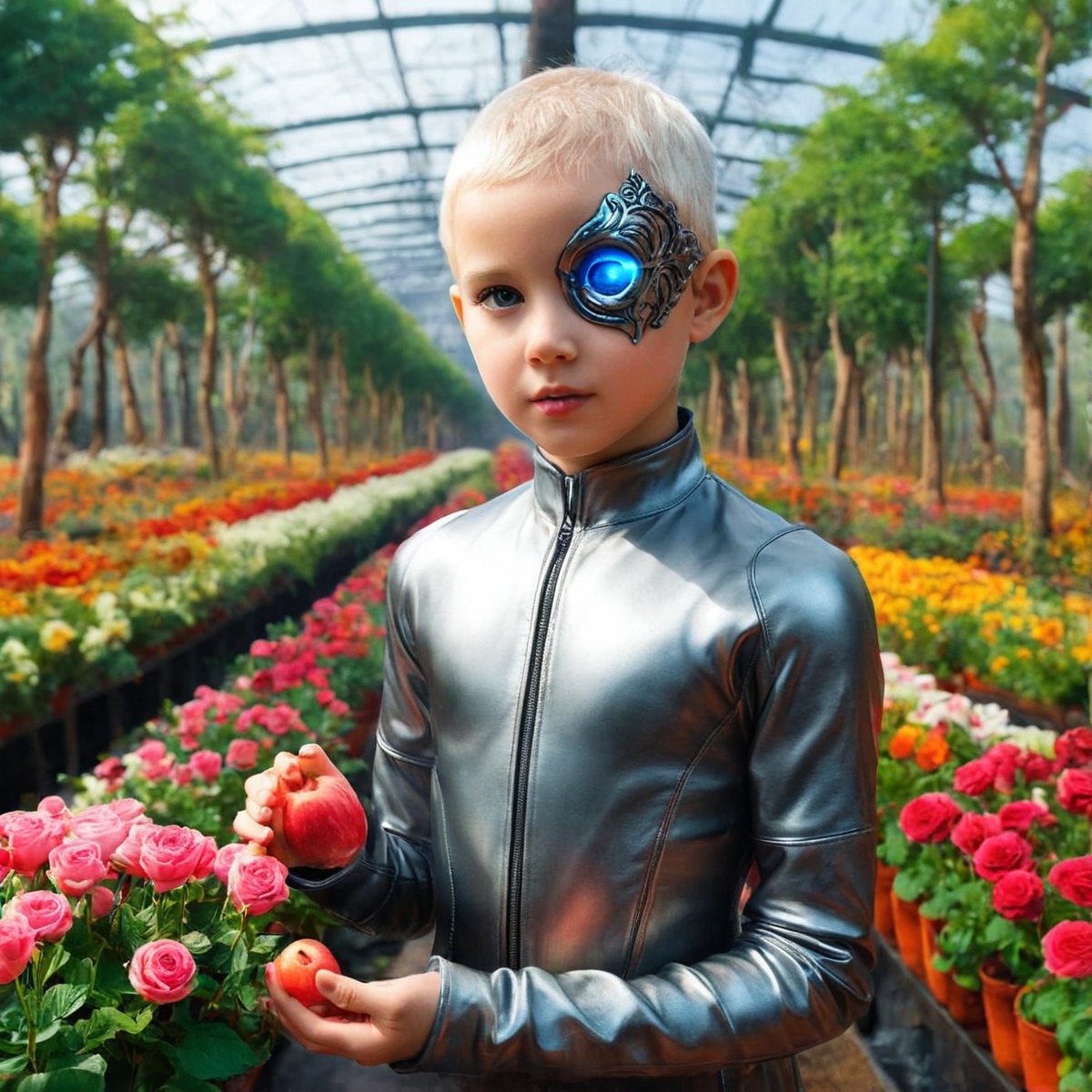 scifi, android, arboretum, bodysuit, boy, buzzcut, expression, flowers, greenhouse, reflective, serious, shorthair, whitehair, photoshopedit, cyberneticeye, ai_generated_art