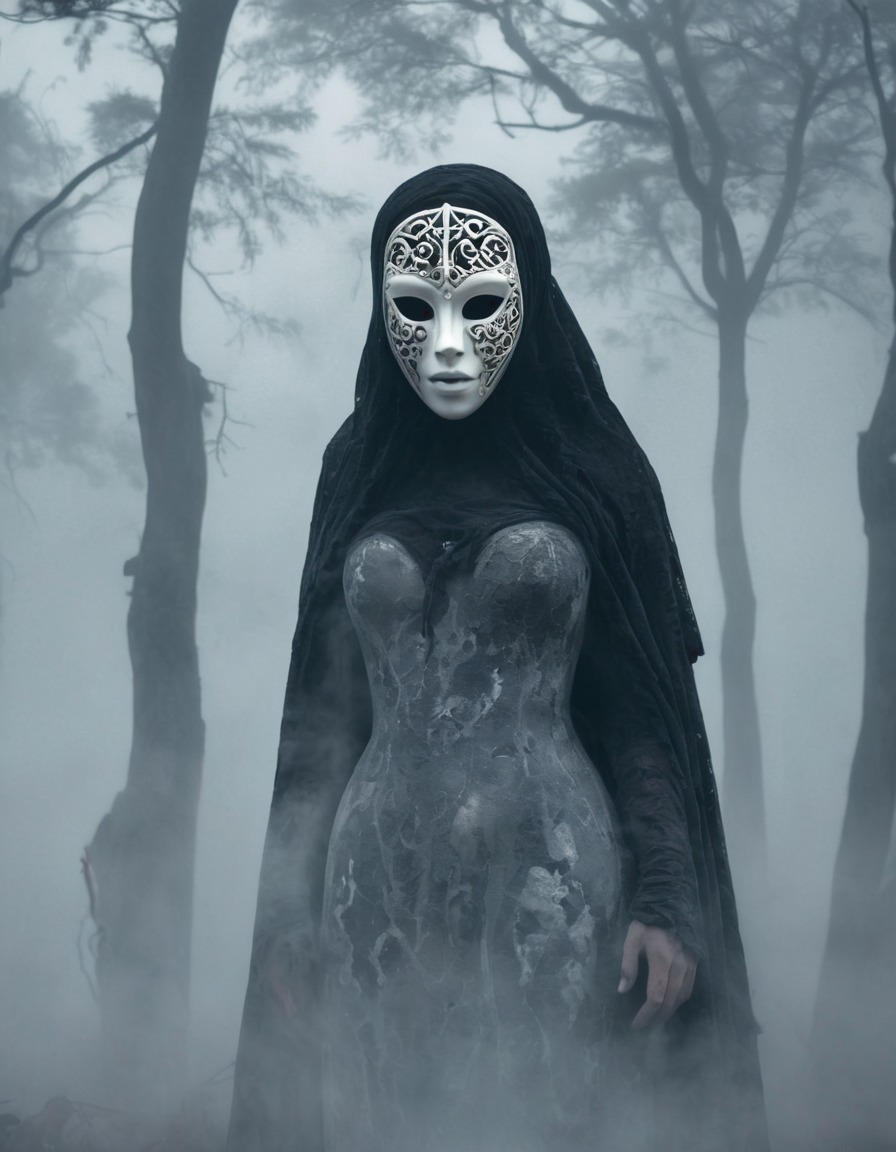 mysterious figure, porcelain mask, swirling mist, forgotten cemetery, gothic, underground, dark