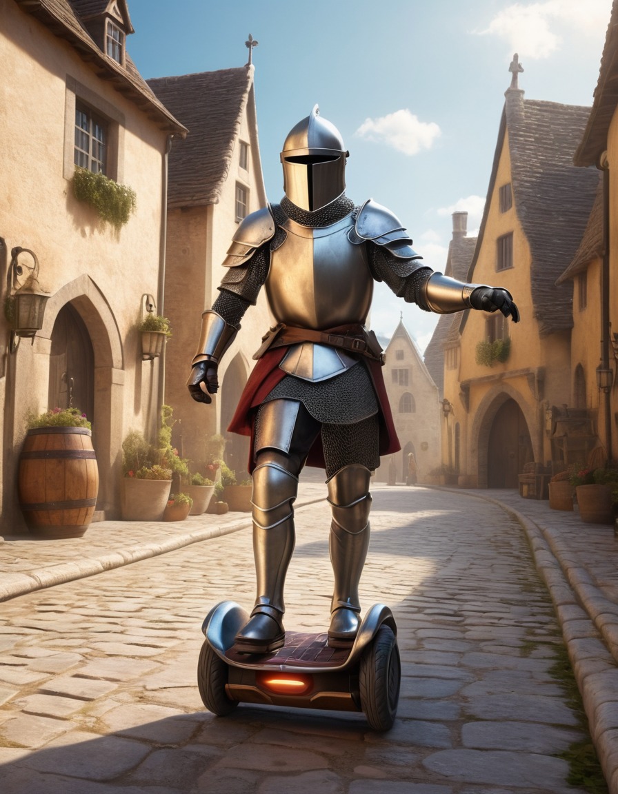 medieval, knight, hoverboard, fantasy, village, art