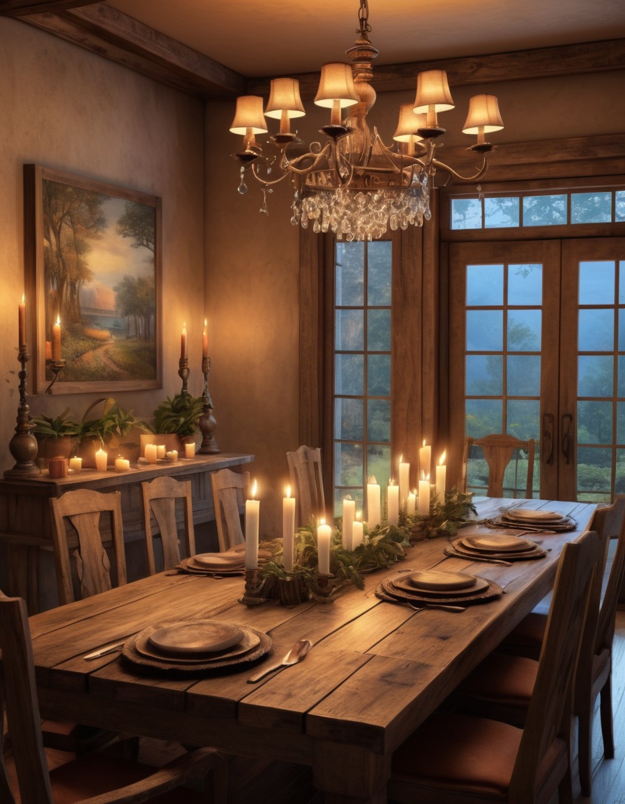 dining room, rustic, wooden table, candles, social gathering, laughter, home, interior