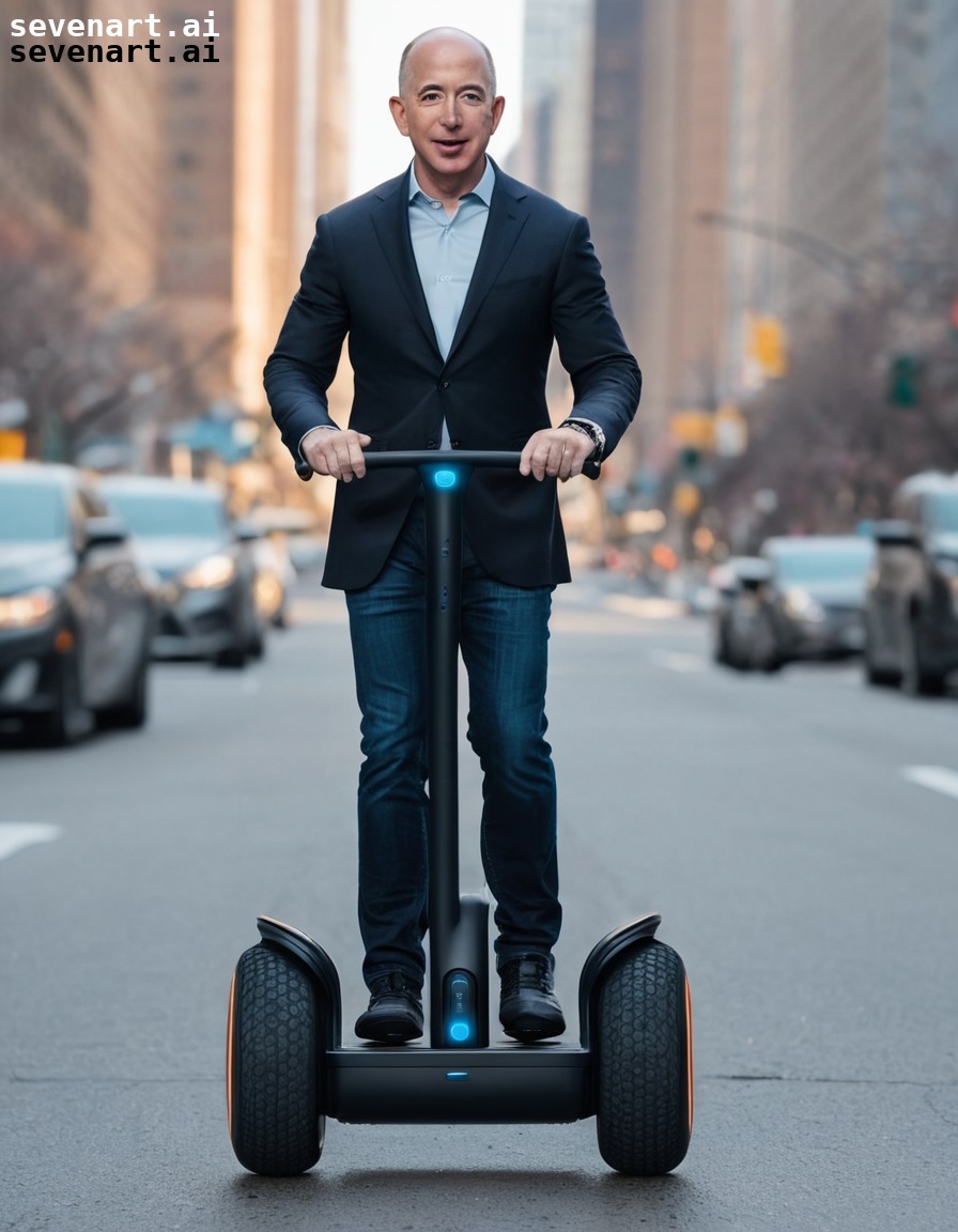 Jeff Bezos in a superhero costume, flying through the city with a giant ...