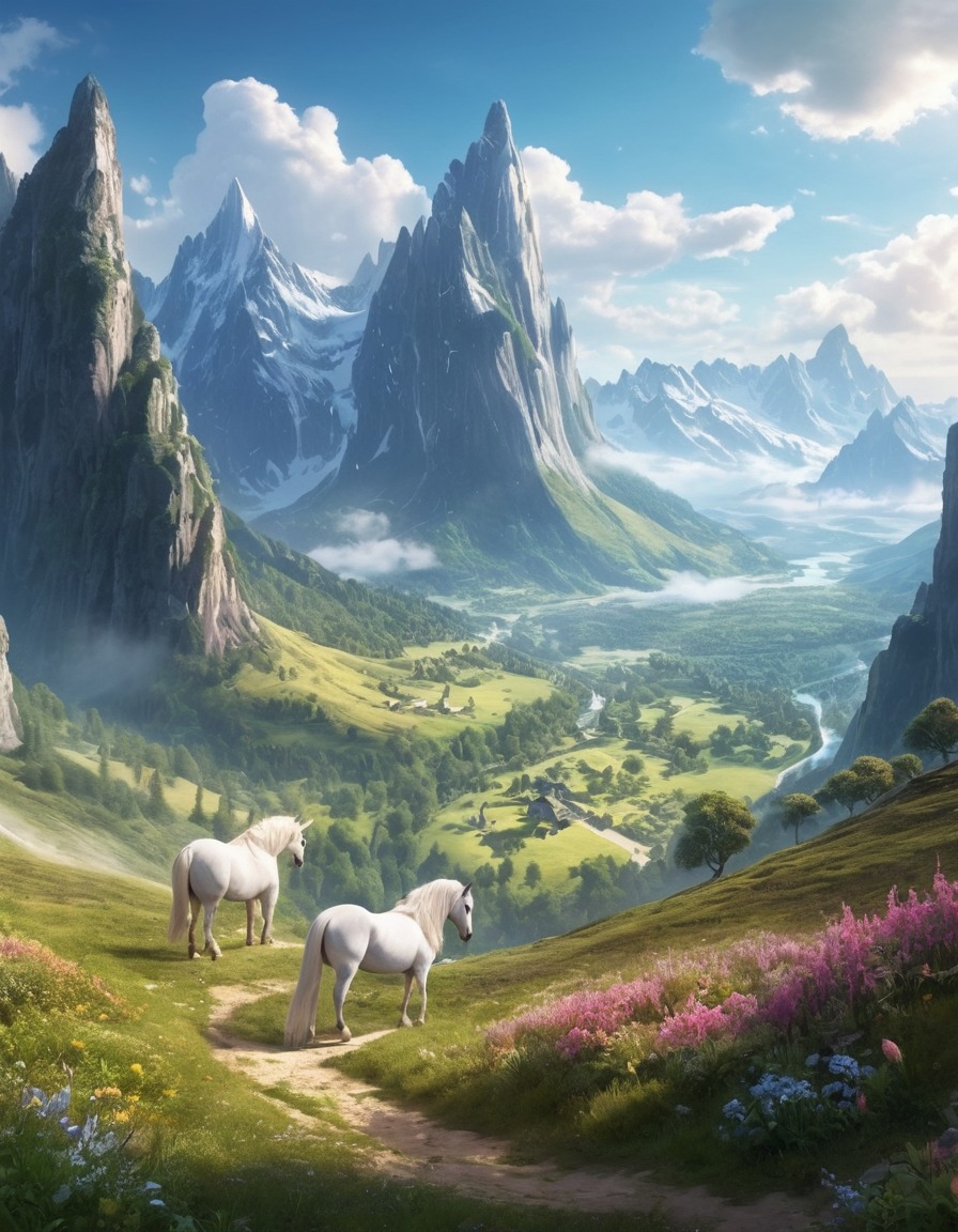 valley, mountains, unicorns, sylphs, fantastic