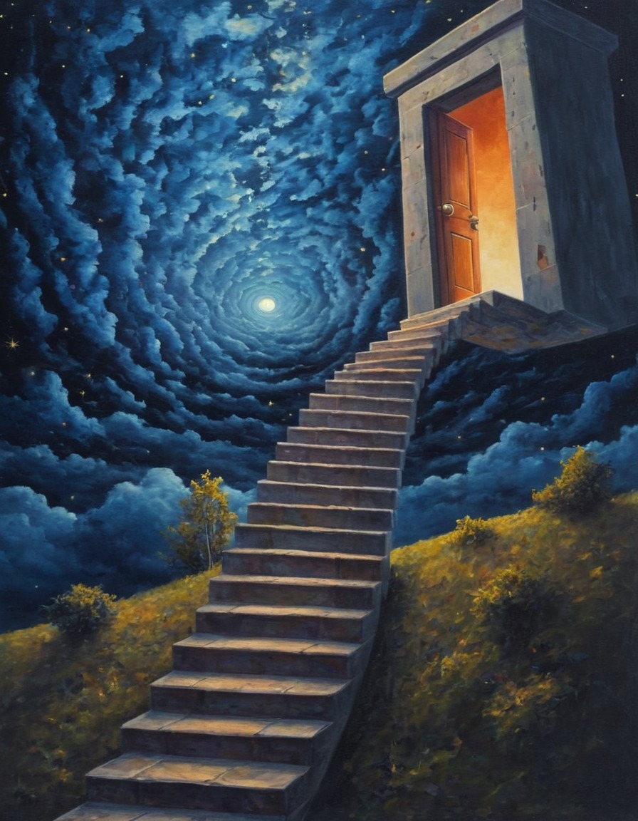 staircase, door, night sky, stars, surreal