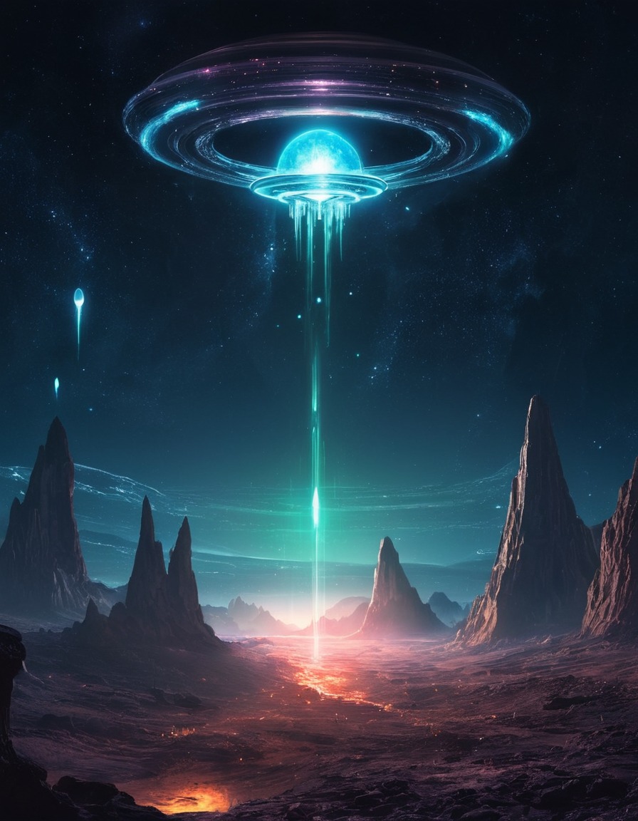 alien world, rings, glowing, crystals, space, stars