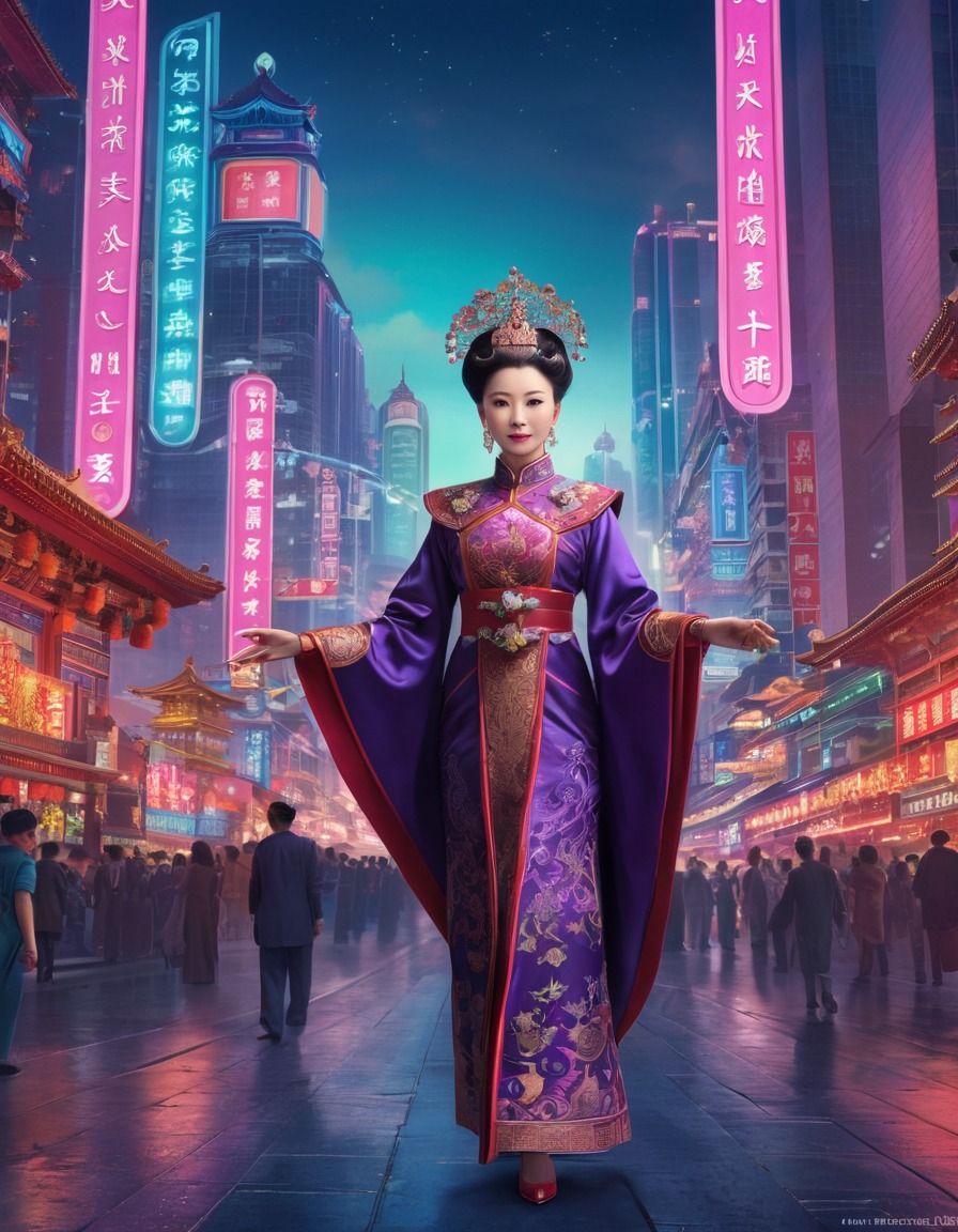 empress dowager cixi, historical figure, cityscape, skyscrapers, neon lights, urban life