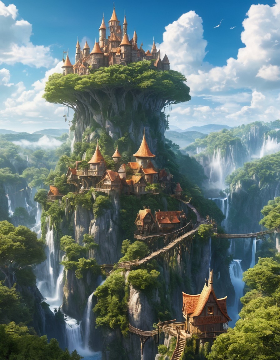 elves, village, treetops, fantasy, nature, high-altitude, magical