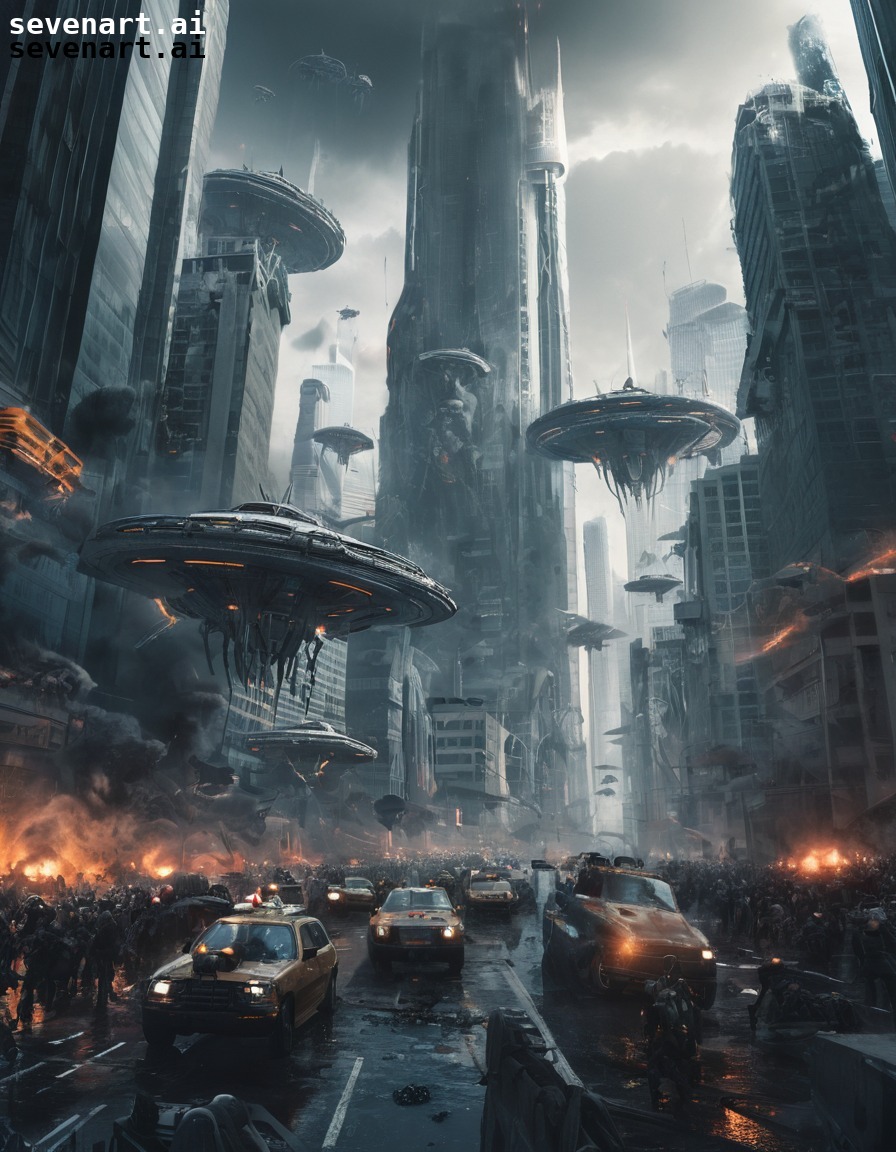 futuristic, cityscape, chaos, alien invasion, destruction, aliens, three body problem, trisolaran