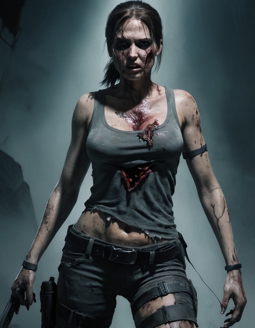 zombie, lara croft, horror, undead, illustration