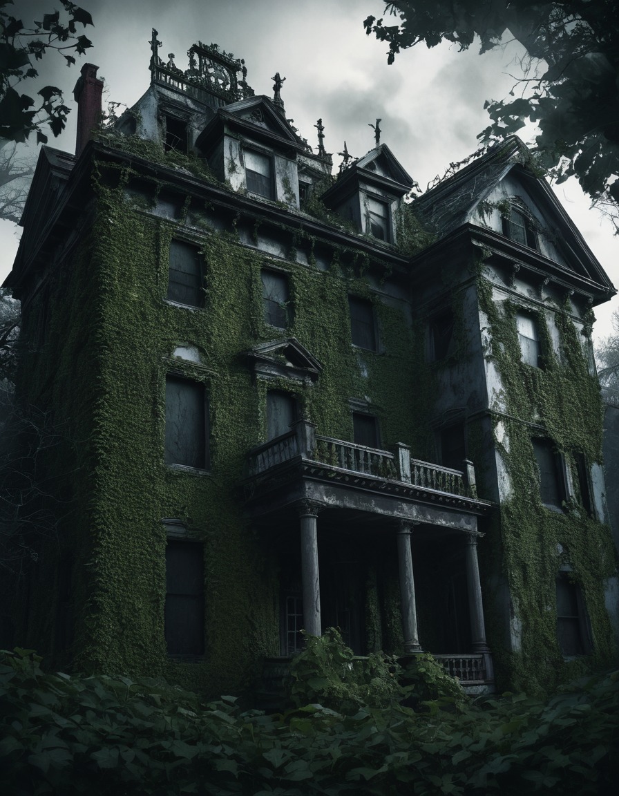 haunted mansion, ivy-covered walls, broken windows, eerie shadows, gothic, underground, dark