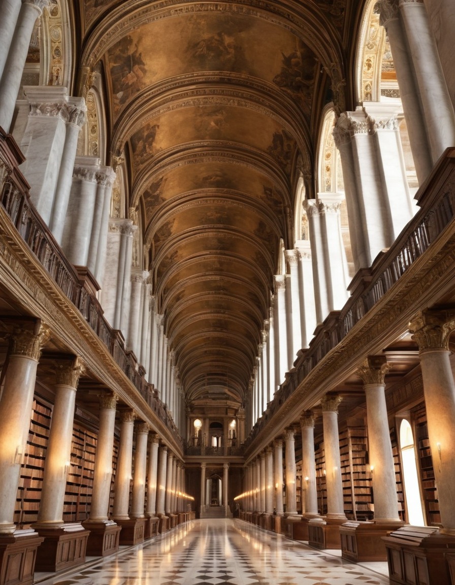 library, grand, marble columns, ancient books, architecture