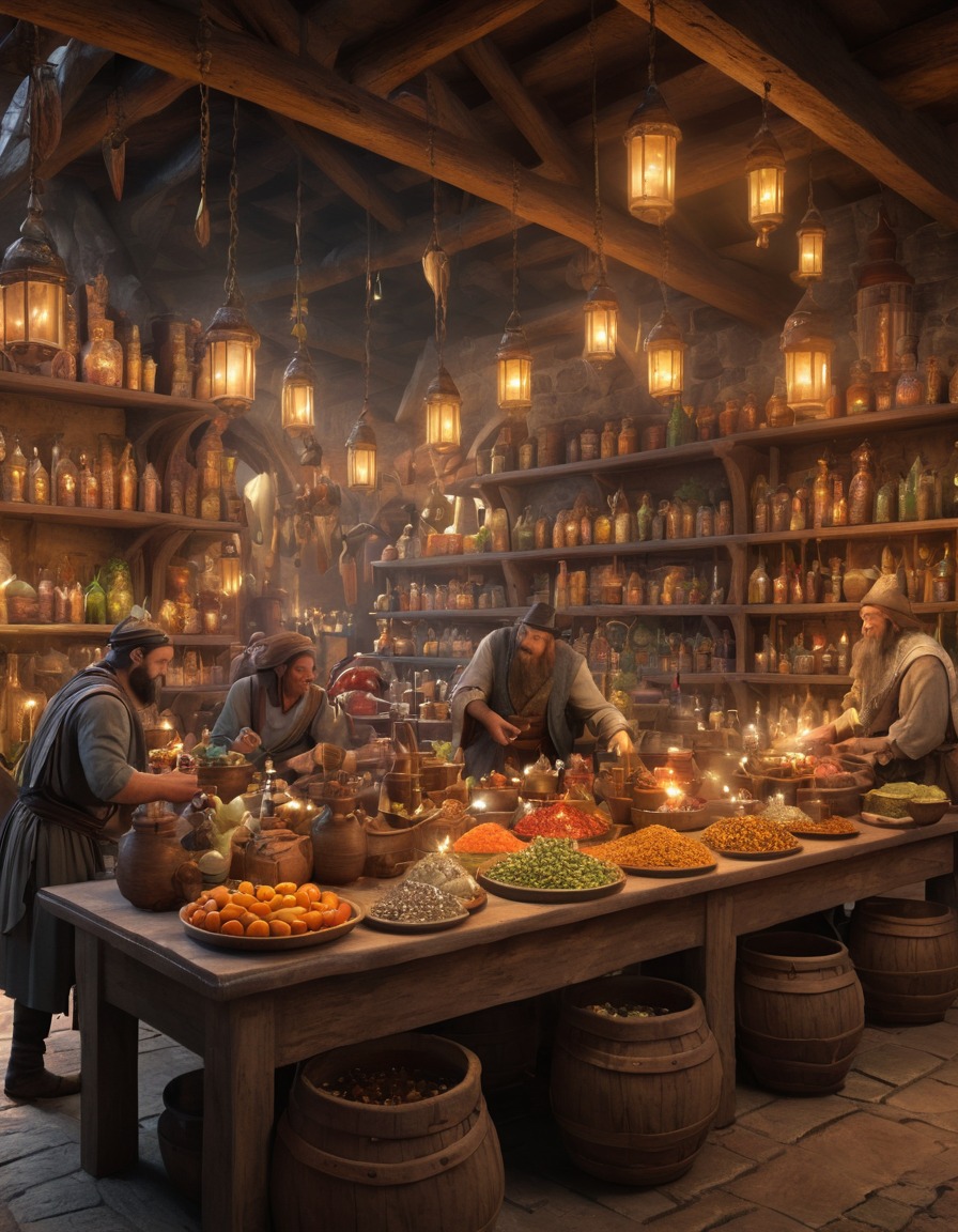 marketplace, potion sellers, spellcasters, mythical creatures, fantasy, magical, enchanting