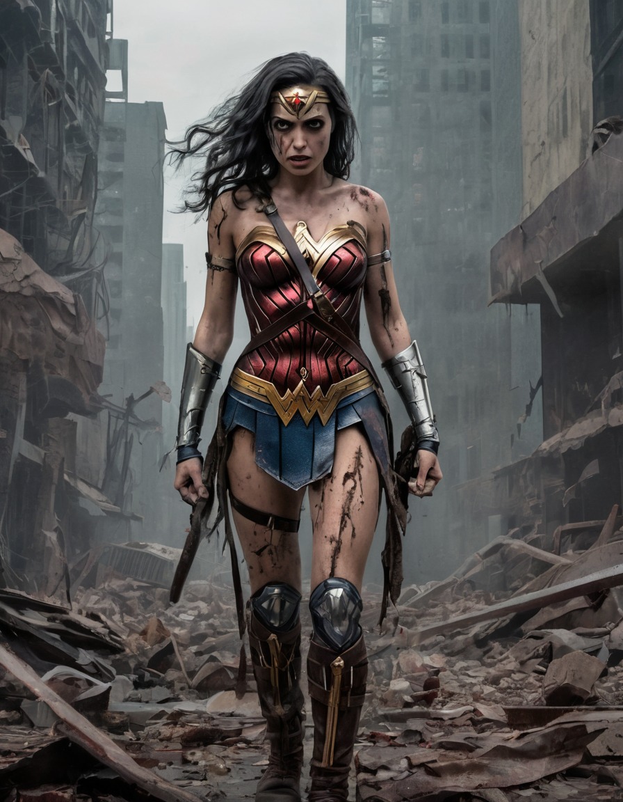 wonder woman, zombie, superhero, post-apocalyptic, cityscape