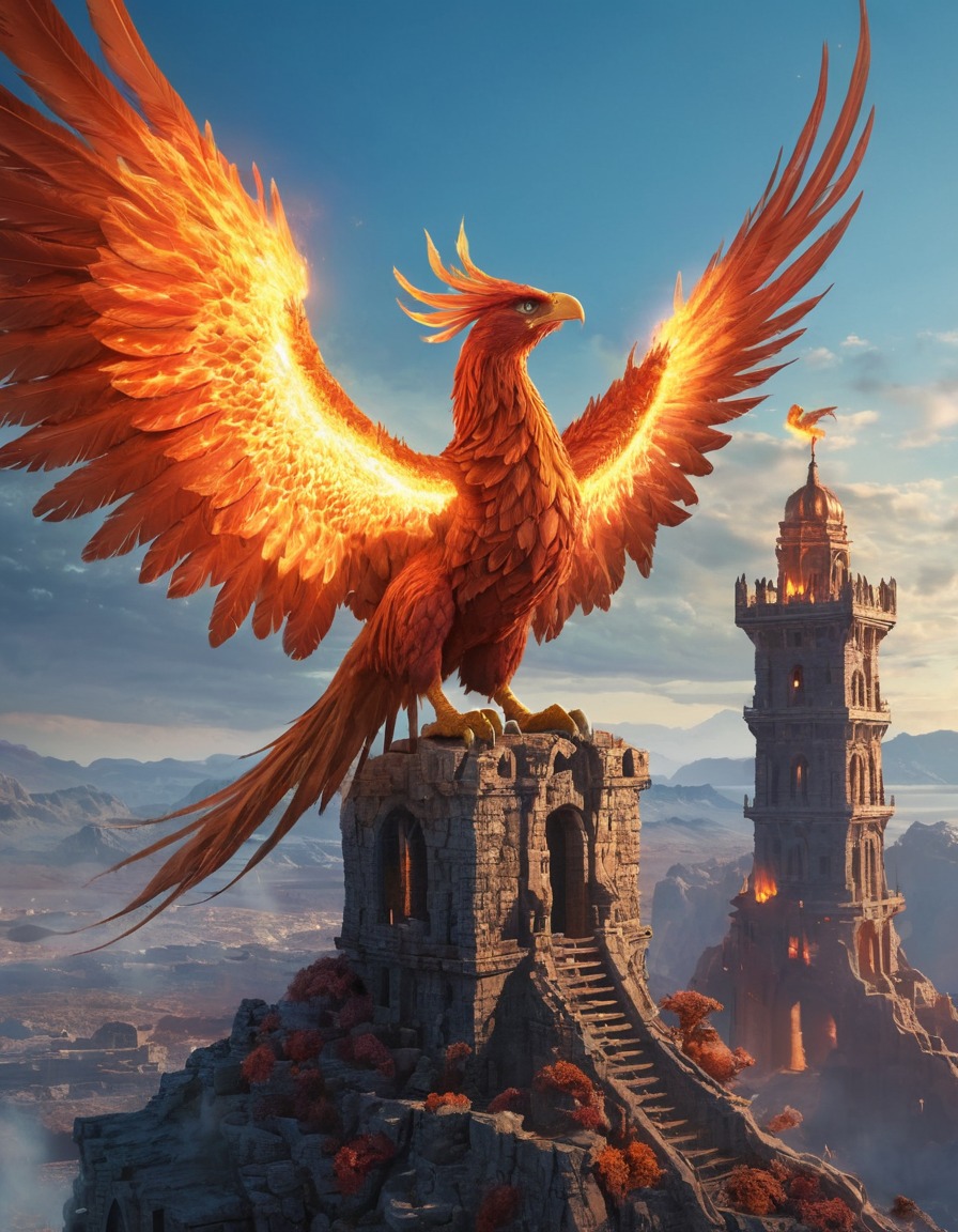 firebreathing, phoenix, tower, fantasy, mythical creature, destruction, legend