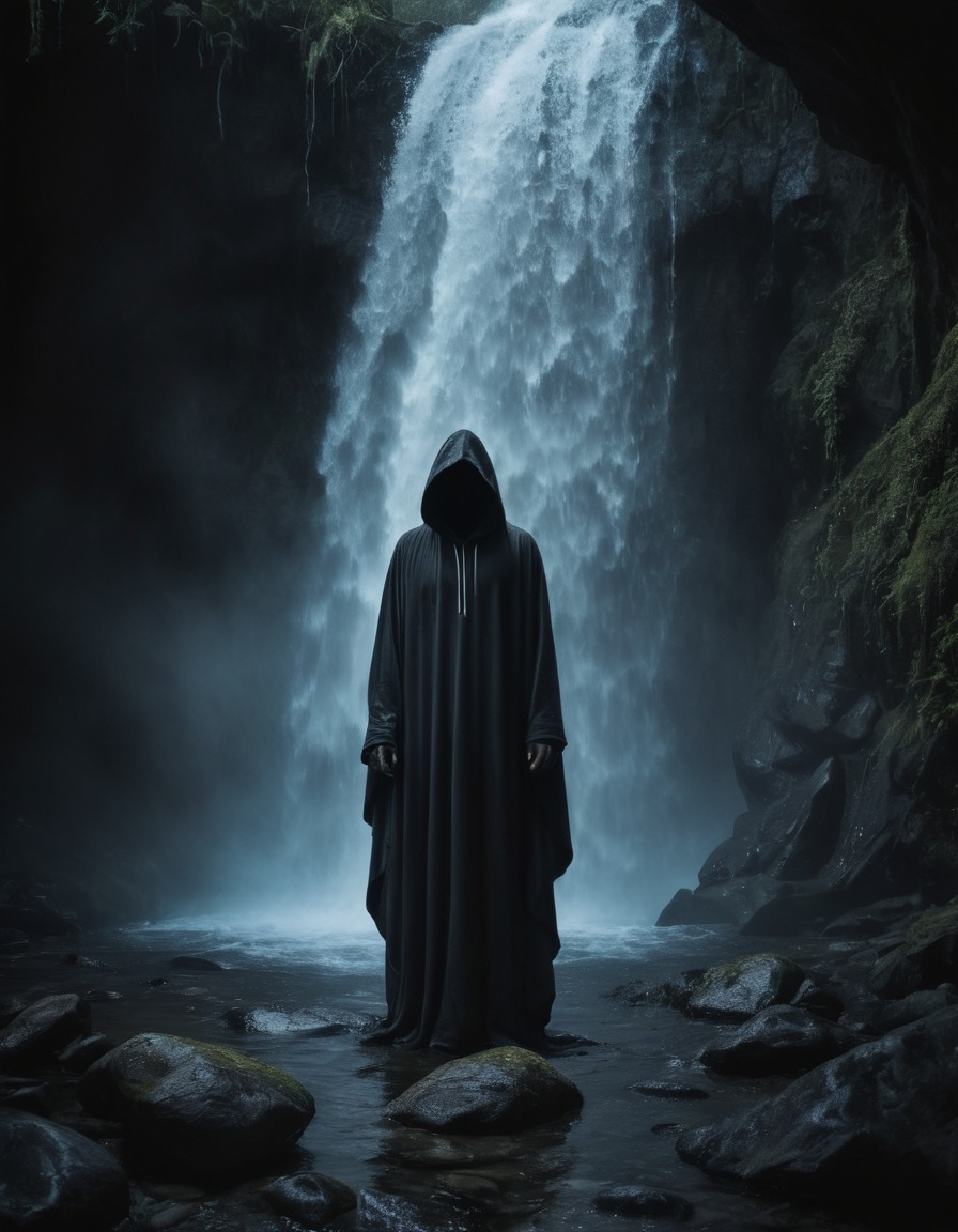 mystical, hooded figure, chanting, waterfall, spiritual, ritual, meditation