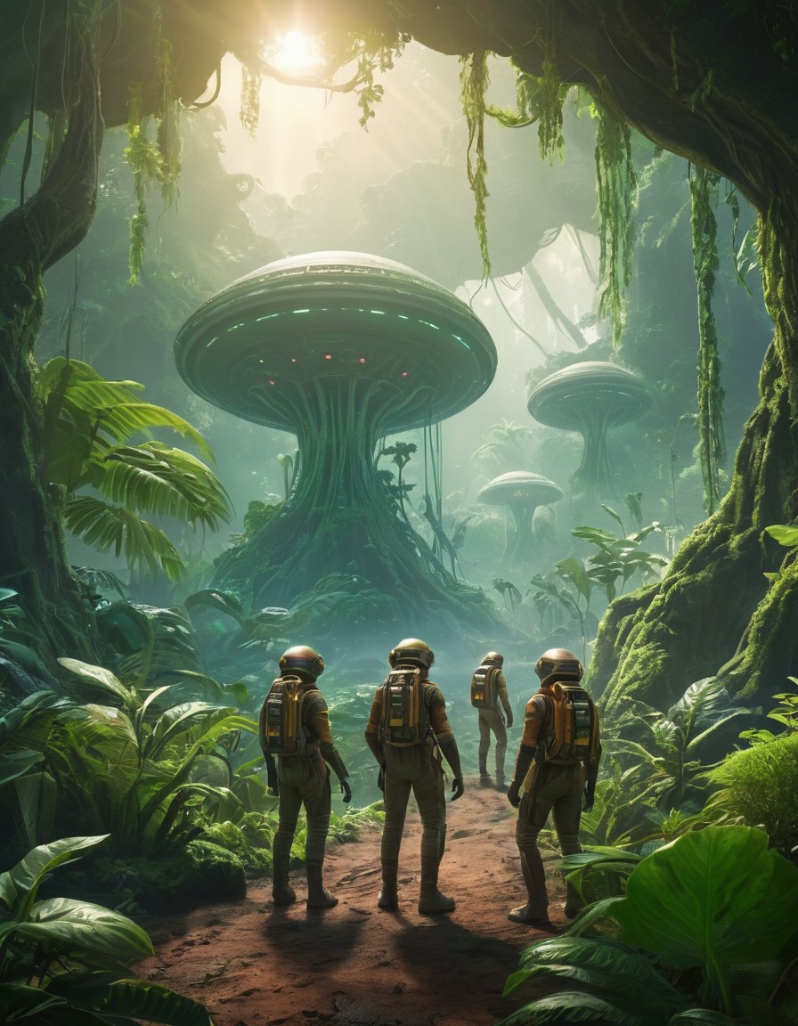 space exploration, alien planet, alien jungle, scientists, lush environment, extraterrestrial, adventure