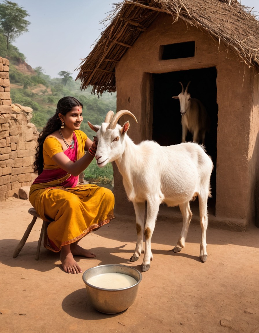 woman, goat milking, rural village, ancient india, daily life, cultural practices, 200 ad