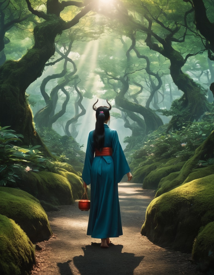 japanese folklore, jorogumo, mystical forest, mesmerizing encounter