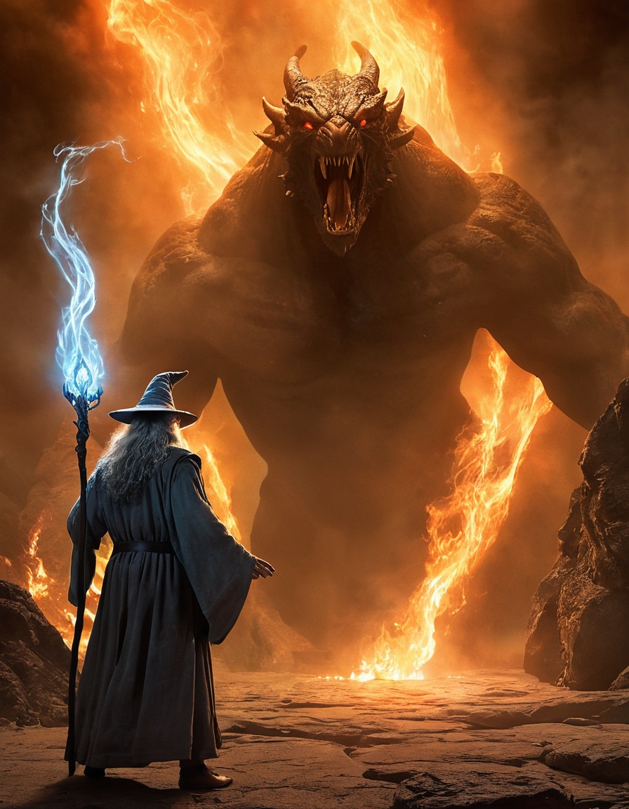 gandalf the grey, balrog, khazad-dûm, fantasy, battle, wizard, middle-earth, john tolkien, tolkien