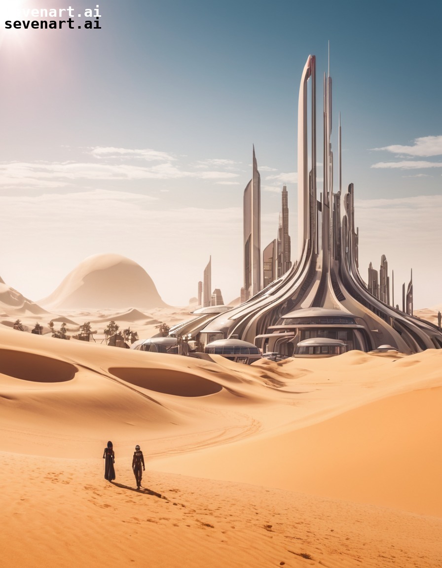 futuristic, cityscape, sand dunes, architecture, technological advancements, dune