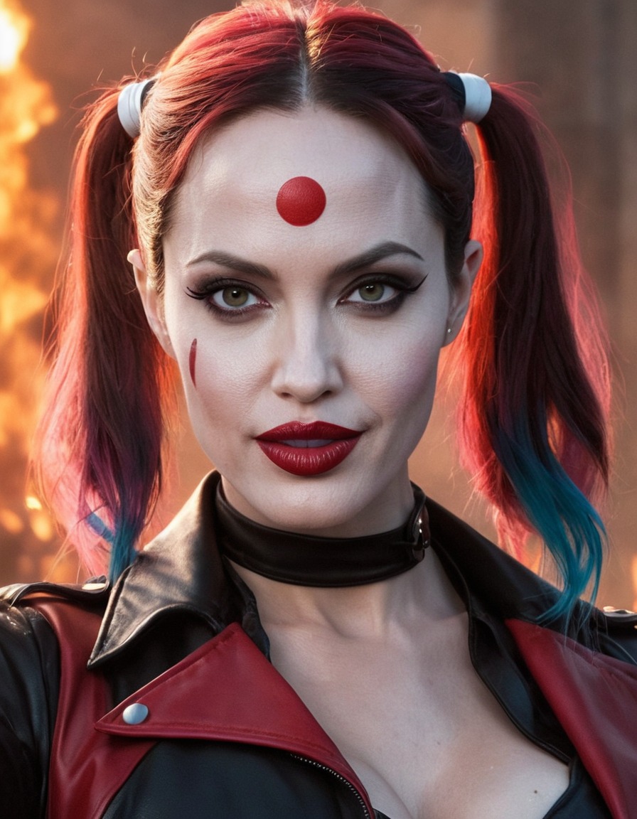 angelina jolie, harley quinn, celebrity transformation, superhero role, action movie, comics adaptation, villainous character