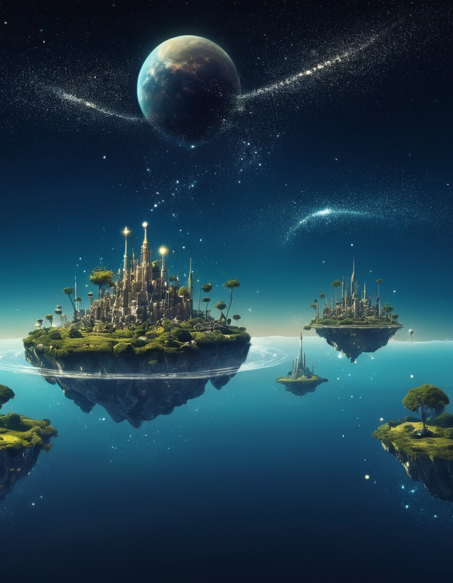 surreal, dreamscape, floating islands, celestial bodies, stars, space