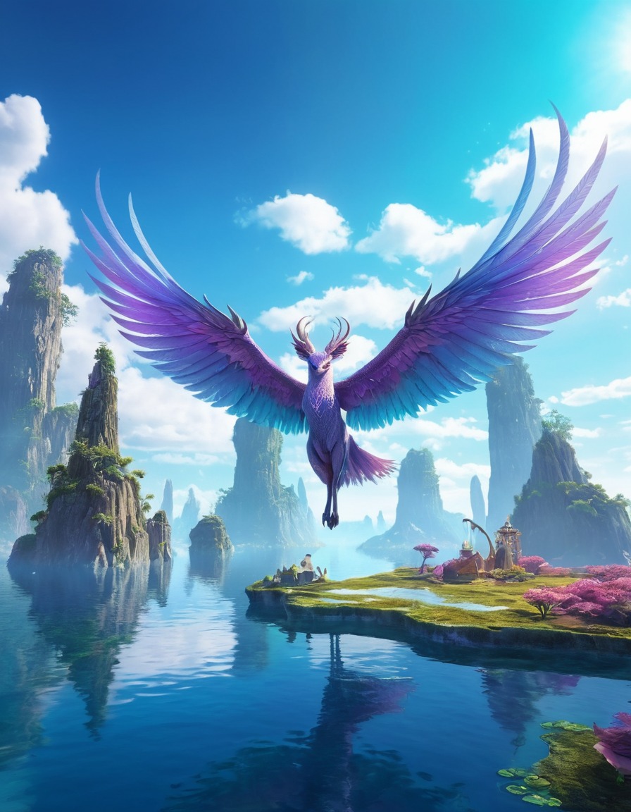 fantasy, mythical creature, iridescent wings, floating islands, sky, fantastic