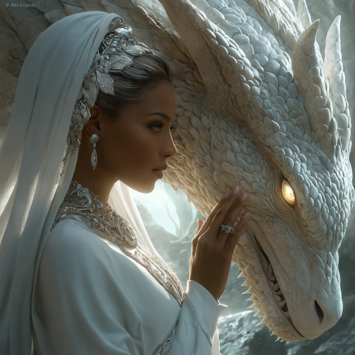 fantasyart, fantasycharacter, dragon, beauty, magic, dungeonsanddragons, fantasy, fantasygirl, mage, sorceress, whitedragon, whitemage, dragonwhisperer, aiart, midjourney, midjourneyai, midjourneyart, midjourneyaiart