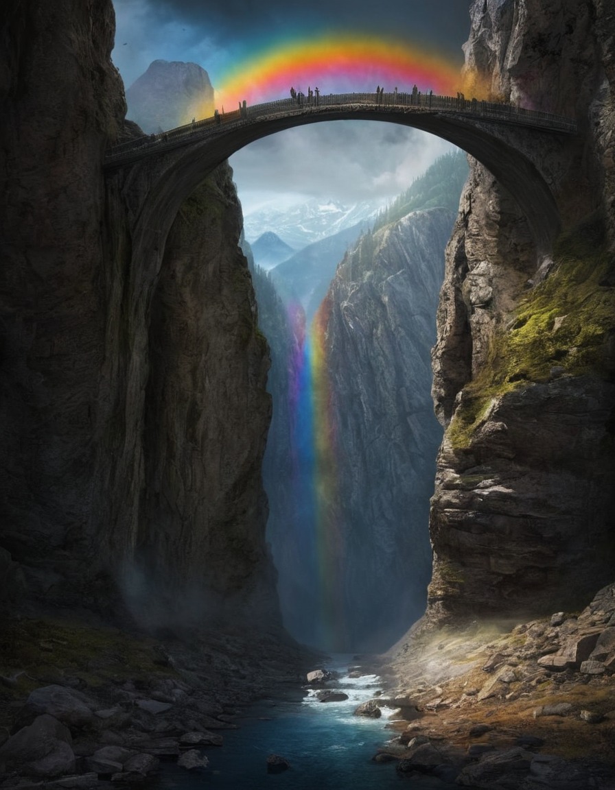 mystical, rainbow bridge, mountains, chasm, nature, wonder, transcendence