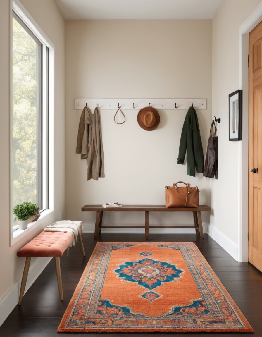 home decor, entryway, bench, coat rack, colorful rug, home, interior