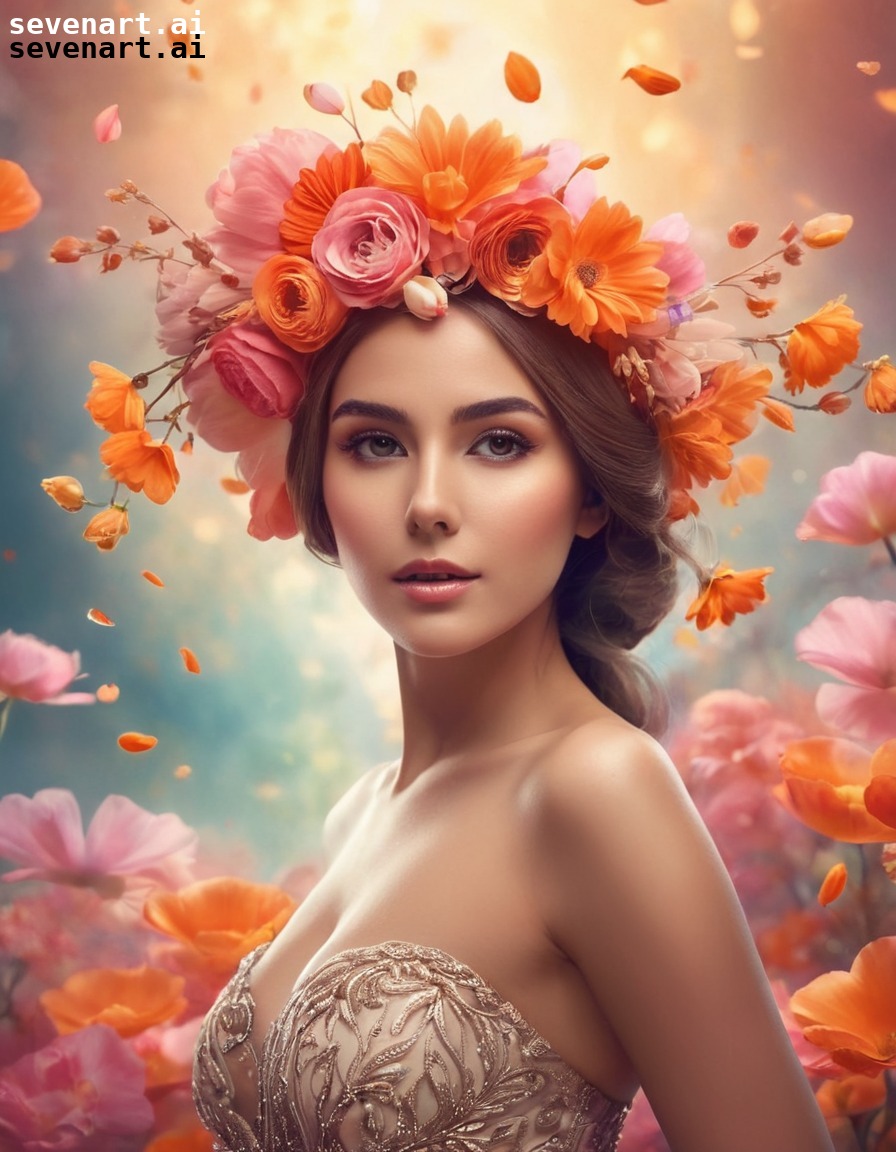 woman, alluring, floral, headdress, dreamy lighting