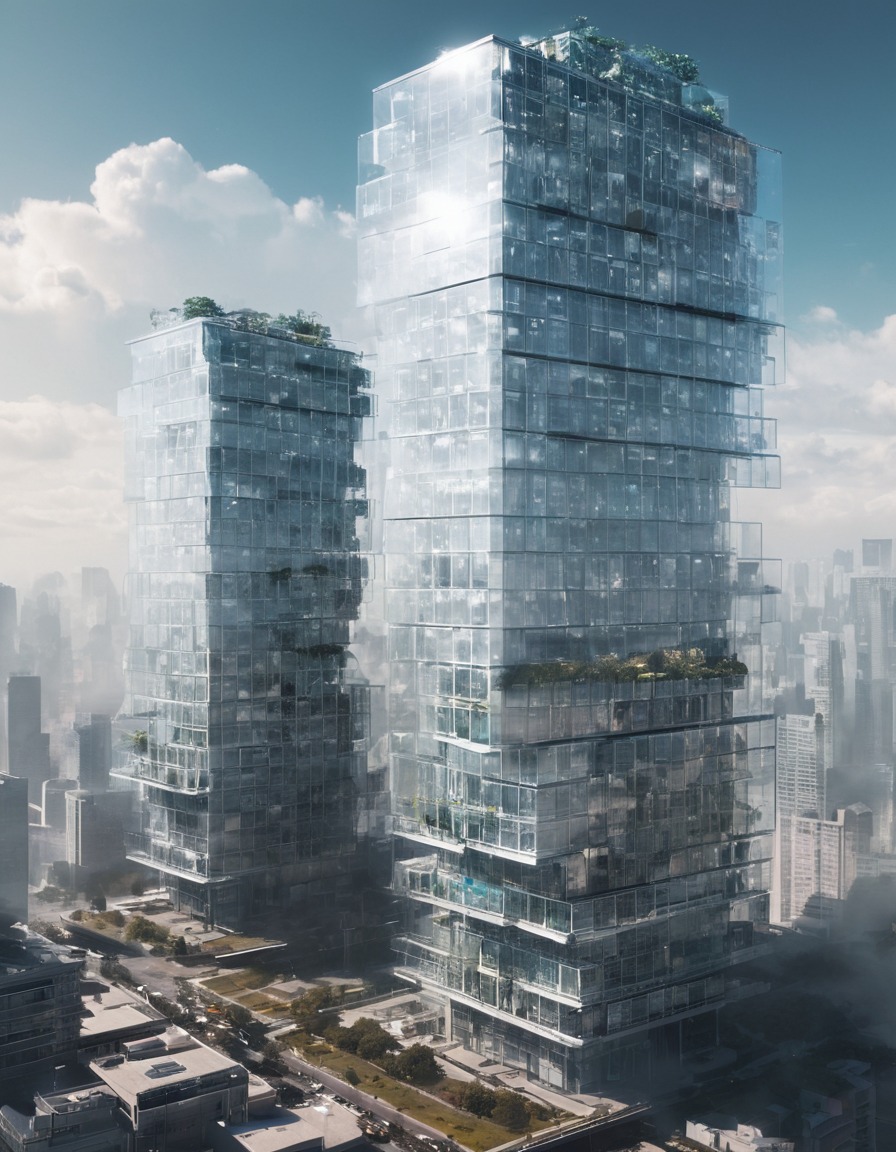 futuristic, skyscraper, solar panels, transparent, self-cleaning, technology