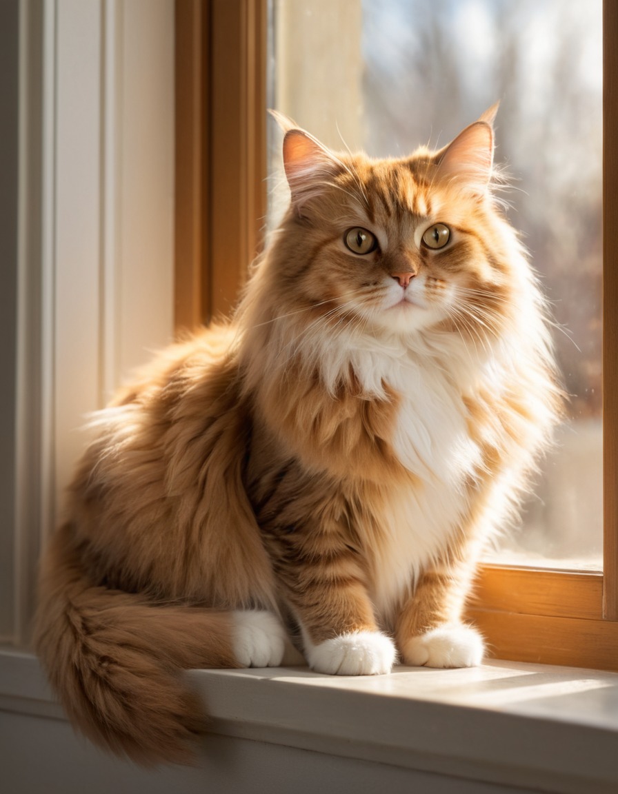 cat, fluffy, windowsill, sunlit, home, interior