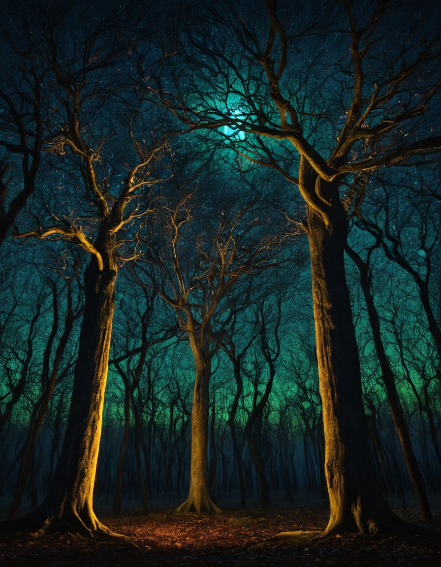 mystical, glowing trees, wishes, whispered, grove