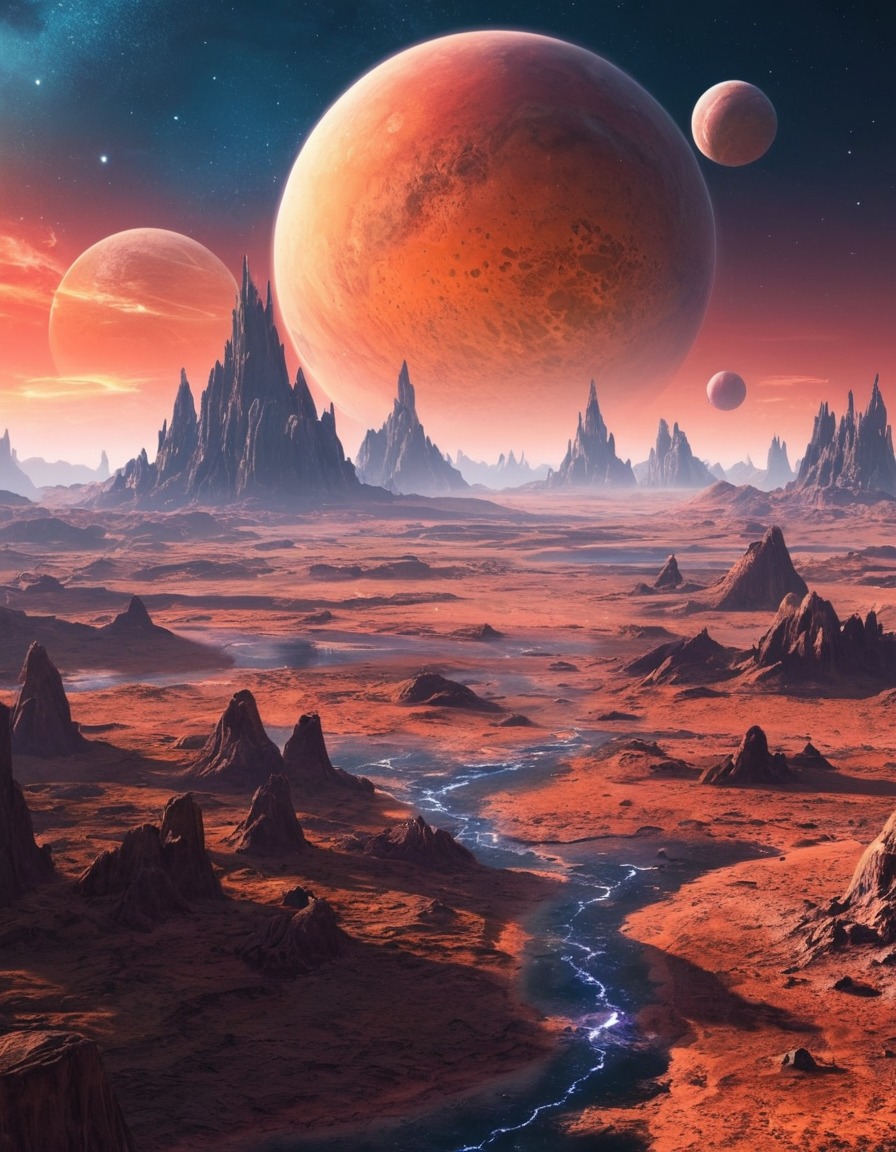 science fiction, alien planets, otherworldly, unique features, diverse landscapes, space, stars