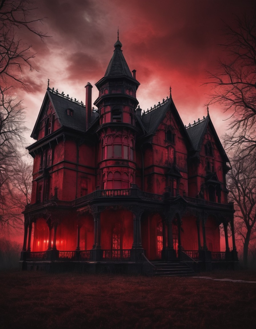 blood-red sky, gothic mansion, silhouette, ominous skyline, gothic, underground, dark